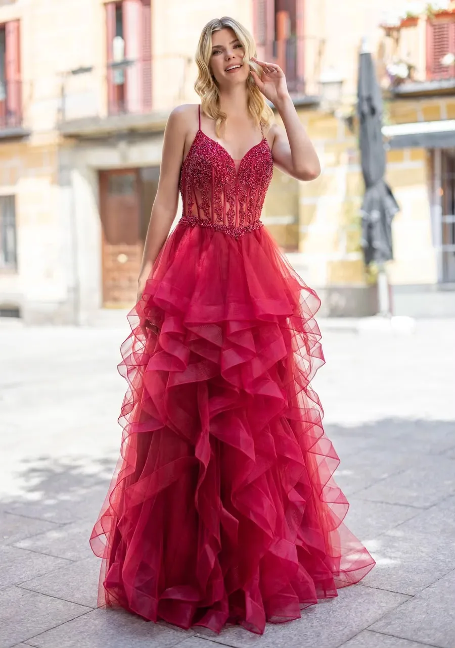 Bright raspberry red tiered prom gown featured for Prom Week at SNOB, Eccleshall