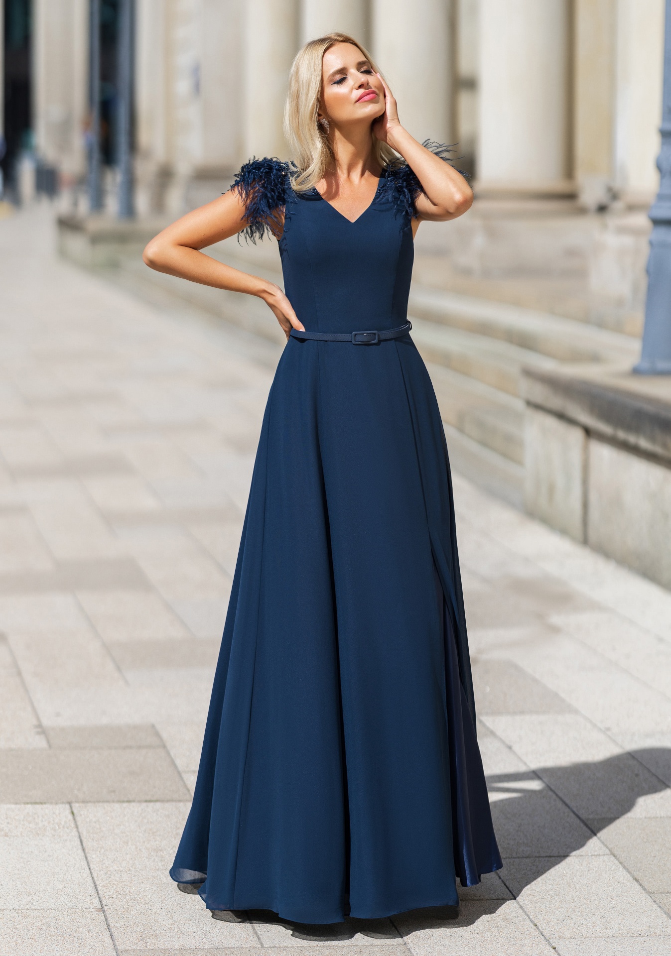 Woman wearing Style 0848 Twilight Blue evening dress