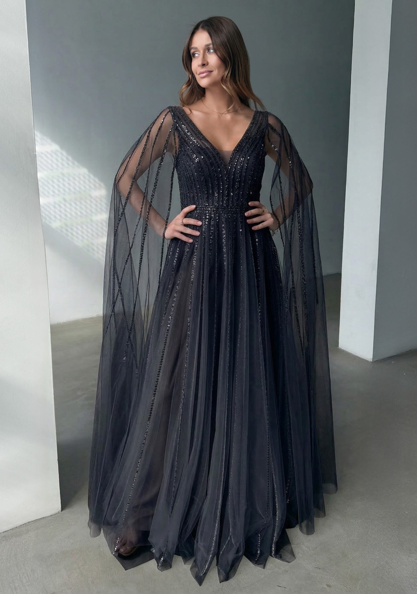 Woman wearing Style 1254 Phantom Black evening dress