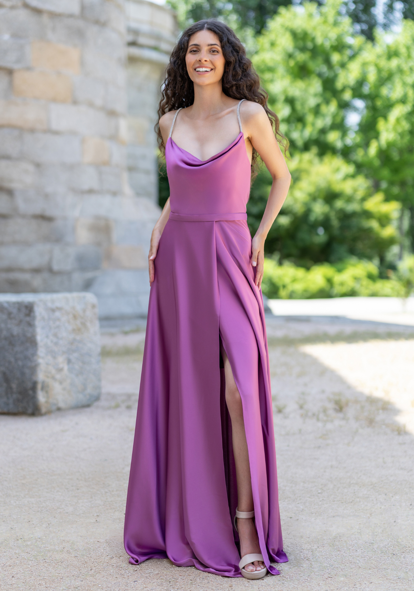 Woman wearing Style 5141 Anemone Purple evening dress